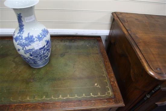 A George III marquetry inlaid satinwood writing table, W.3ft 3in. D.2ft 2in. H.2ft 7in.